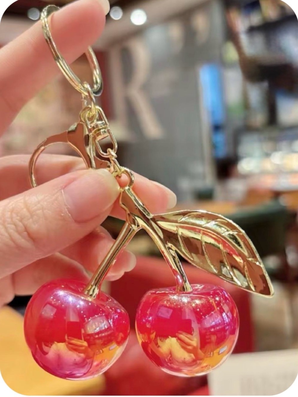 Pink translucent cherry Bag charm Gold Cherry Keychain with lobster claw - NWT